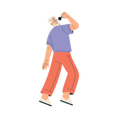 Senior Man Character Sing with Microphone Vector Illustration