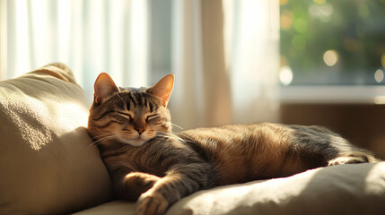 A tabby cat peacefully resting on a plush, sunlit cushion in a cozy living room