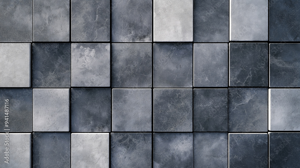 Poster Stone or marble tile texture top view background seamless mock up. Tile surface texture empty minimalistic wall design. Gray and blue seamless tile texture. Decor design tiles close up