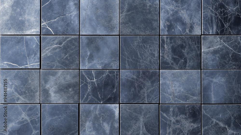 Poster Stone or marble tile texture top view background seamless mock up. Tile surface texture empty minimalistic wall design. Gray and blue seamless tile texture. Decor design tiles close up