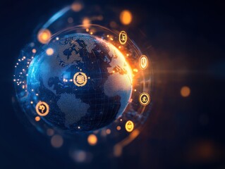 A digital globe surrounded by icons representing various currencies