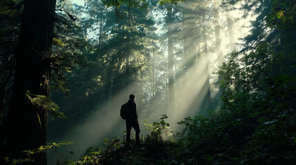 Obraz premium At Nature's Edge: Hiker and Forest