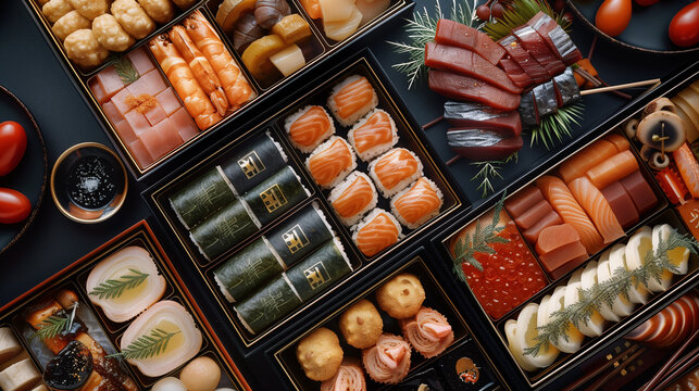 a Japanese New Year osechi ryori, with an assortment of traditional foods like datemaki, kamaboko, and kuromame, displayed in elegant lacquered boxes