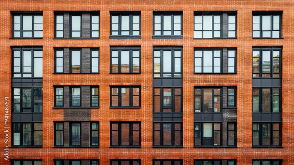 Wall mural a red brick urban facade with modern windows, blending the old and new elements of city architecture