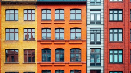 Fototapeta premium A red brick urban facade with modern windows, blending the old and new elements of city architecture, in a vibrant city neighborhood.