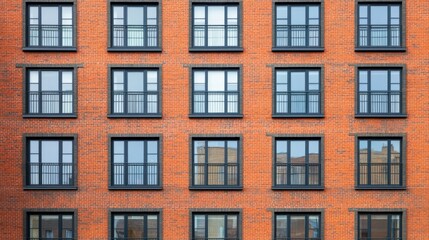 Fototapeta premium A red brick urban facade with modern windows, blending the old and new elements of city architecture, in a vibrant city neighborhood.