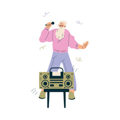 Senior Man Character Sing with Microphone Vector Illustration