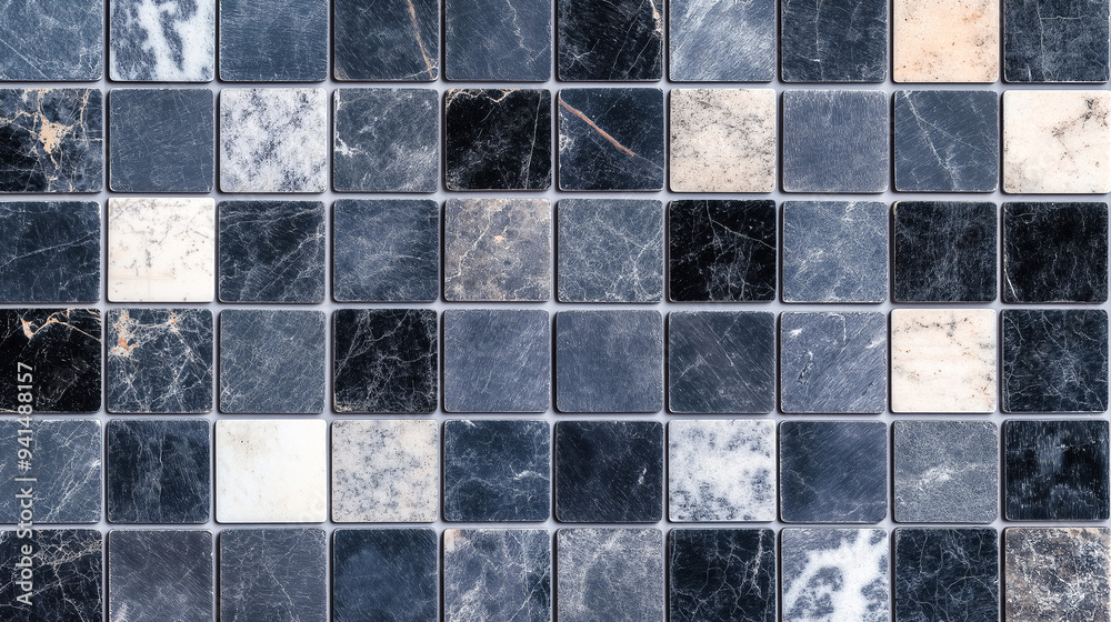 Poster Stone or marble tile texture top view background seamless mock up. Tile surface texture empty minimalistic wall design. Gray and blue seamless tile texture. Decor design tiles close up