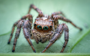 Jumping spider looking the camera on leaf with black background