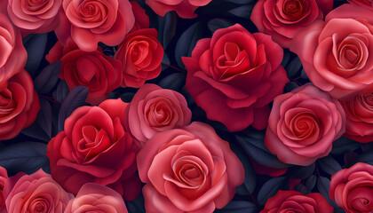 Obraz premium Seamless elegant red roses illustration pattern on black background. Generative ai