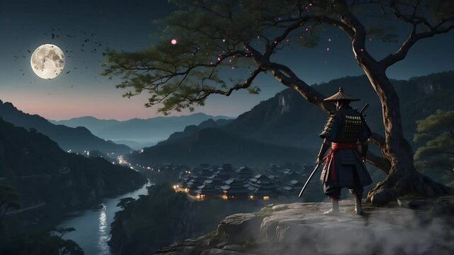 A samurai stands on a cliff next to a dry tree at night, below the cliff is a village. Seamless 4K looping timelapse video animation background