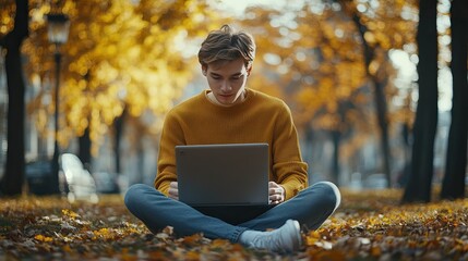 Young man sitting on autumn leaves, working on a laptop in a park. AI generated image