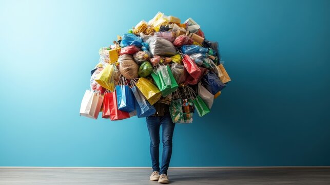 Person Overwhelmed with Excessive Shopping Bags on Blue Background