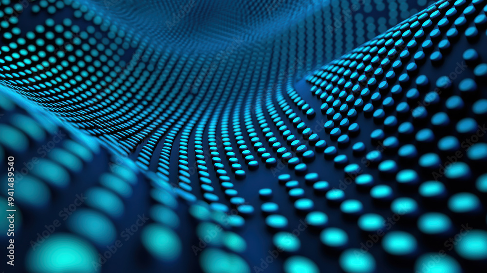 Poster abstract digital wave with glowing blue dots creating a futuristic, dynamic landscape, representing 