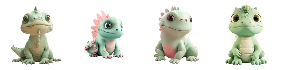 Fototapeta premium Adorable cartoon reptiles displaying various poses and expressions in a colorful, whimsical style, perfect for children's themes.