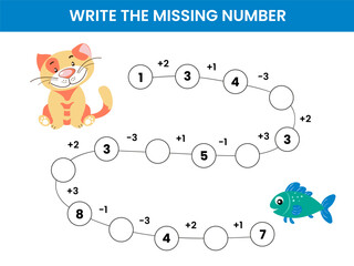 Mathematical educational game for children. Subtraction and addition up to 10. Complete the series and insert the missing numbers. Solve the equation and help the cat catch the fish. Educational cards