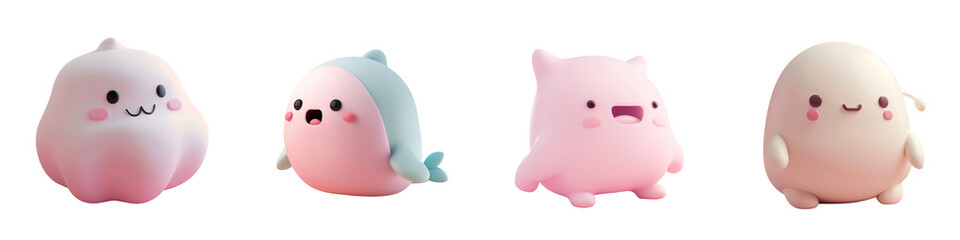 Adorable pastel creatures with playful expressions, perfect for children's illustrations, animations, or playful designs.