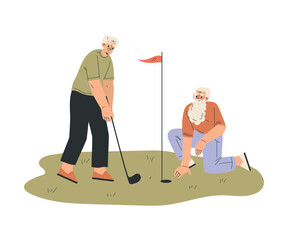 Nursing Home with Retired Man Friend Character Playing Golf Vector Illustration