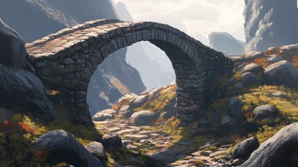 Fototapeta premium A solitary stone bridge in a rocky landscape, with sharp shadows accentuating the rugged textures of the stones and the surrounding terrain.