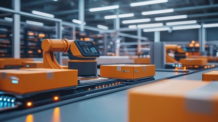 Automated Warehouse Conveyor Belt System with Robotic Arm and Parcels