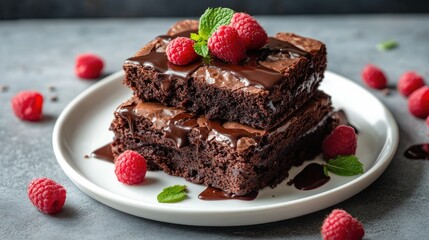 A stack of chocolate brownies with rich glaze, adorned with fresh raspberries and mint leaves, presented on a white plate, against a textured gray concrete background.