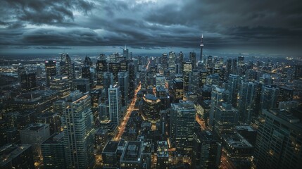 Fototapeta premium A stunning aerial view of a vibrant city at night under a cloudy sky