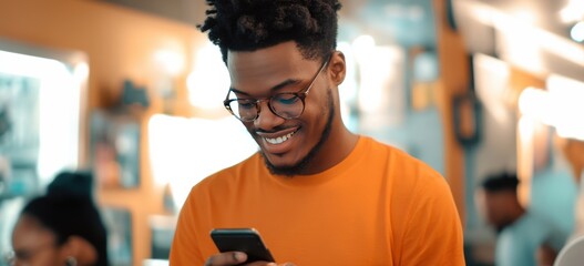 African Americans Gen X Millenial black male all smiles in an orange shirt and glasses focused on phone as he scrolls through mobile cell with black hair and blurred background 