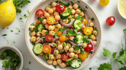 a colorful chickpea salad, including cherry tomatoes, cucumber, red onion, and fresh herbs, tossed with a lemon vinaigrette, displayed on a bright and airy kitchen counter