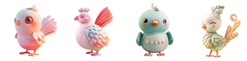 Colorful and playful bird illustrations with cute features, perfect for children's themes and vibrant designs.