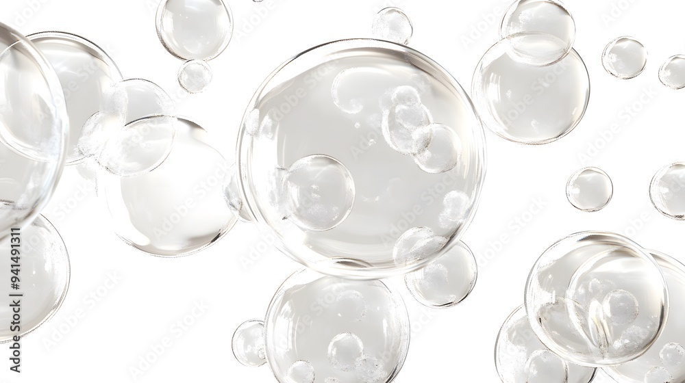 Wall mural cg transparent bubble cluster: a cluster of transparent cg bubbles, varying in size, floating on a w