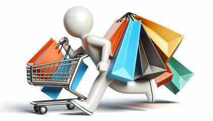3D Shopper Rushing Through Store concept as Candid shot of a shopper hurrying through a store with multiple shopping bags capturing the sense of urgency and excitement typical of Black Friday shopping