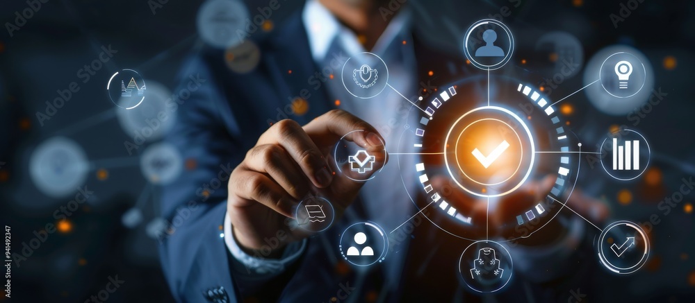 Poster a professional using a futuristic digital interface in a corporate setting, interacting with busines