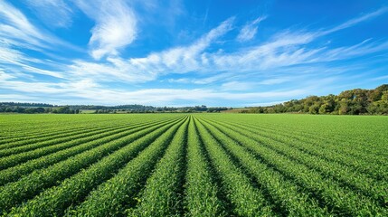 A vast carrot field under a bright blue sky, captured in a wide shot that highlights the green tops and expansive farmland. Ideal for agricultural and nature photography.