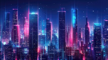Fototapeta premium A vibrant city skyline at night with sleek, illuminated skyscrapers and high-tech urban design. An ideal premium background for technology-related content.
