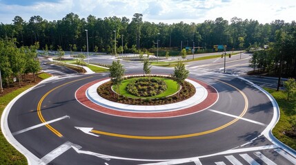 Aerial view of a newly constructed roundabout with landscaped center and clear traffic markings