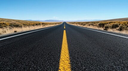 Fototapeta premium A freshly paved asphalt road stretching into the horizon, with clear lane markings and smooth surfaces