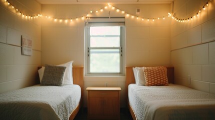Fototapeta premium Parents and student working together to create a warm inviting atmosphere in a dorm room by putting up string lights on move in day preparing the space for the start of the academic year