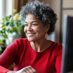 Fototapeta premium mature elderly grey gray hair African American black woman in red top blouse shirt and is around her computer looking excited as she focuses on the computer screen