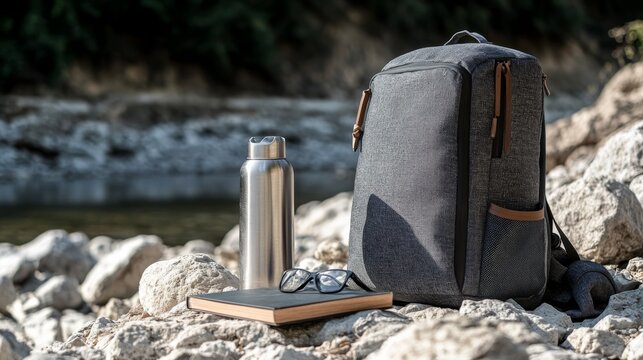 Gray Backpack with a Metal Water Bottle on Rocks in Nature Magazine Style Photography