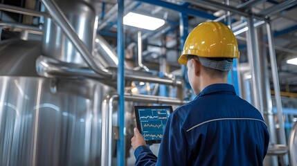 Engineer Overseeing Food and Beverage Production Line with Digital Tablet