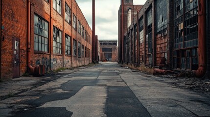 A wide-angle shot of an industrial street lined with brick warehouse walls, broken windows, and rusted metal pipes, emphasizing decay and urban grit.