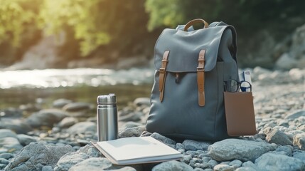 Obraz premium Gray Backpack with a Metal Water Bottle on Rocks in Nature Magazine Style Photography