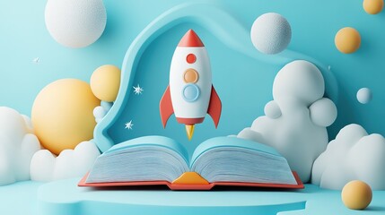 3D book, rocket and abstract shapes isolated on light blue background.