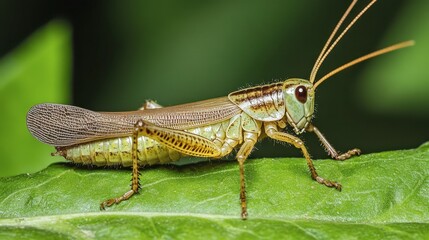 Fototapeta premium Close-up of a grasshopper resting on a green leaf in sunlight