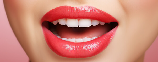 Obraz premium A close-up of vibrant red lips, showcasing a bright smile against a soft pink background in a modern beauty setting