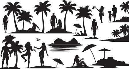 set of beach silhouette white background