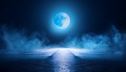 a dark, deserted night scene AI creation moonlight rays blue neon smoke fog