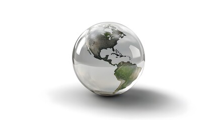 Fototapeta premium CG Transparent Globe: A CG-rendered transparent globe, with continents subtly etched on its surface, floating on a white background. 