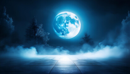 a dark, deserted night scene AI creation moonlight rays blue neon smoke fog
