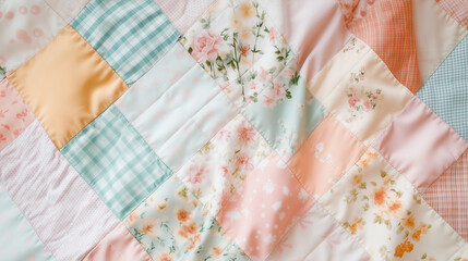1980s vintage patchwork quilt fabric pastel colors floral gingham retro cozy cottage decor sewing quilting project wallpaper romance granny sweet banner